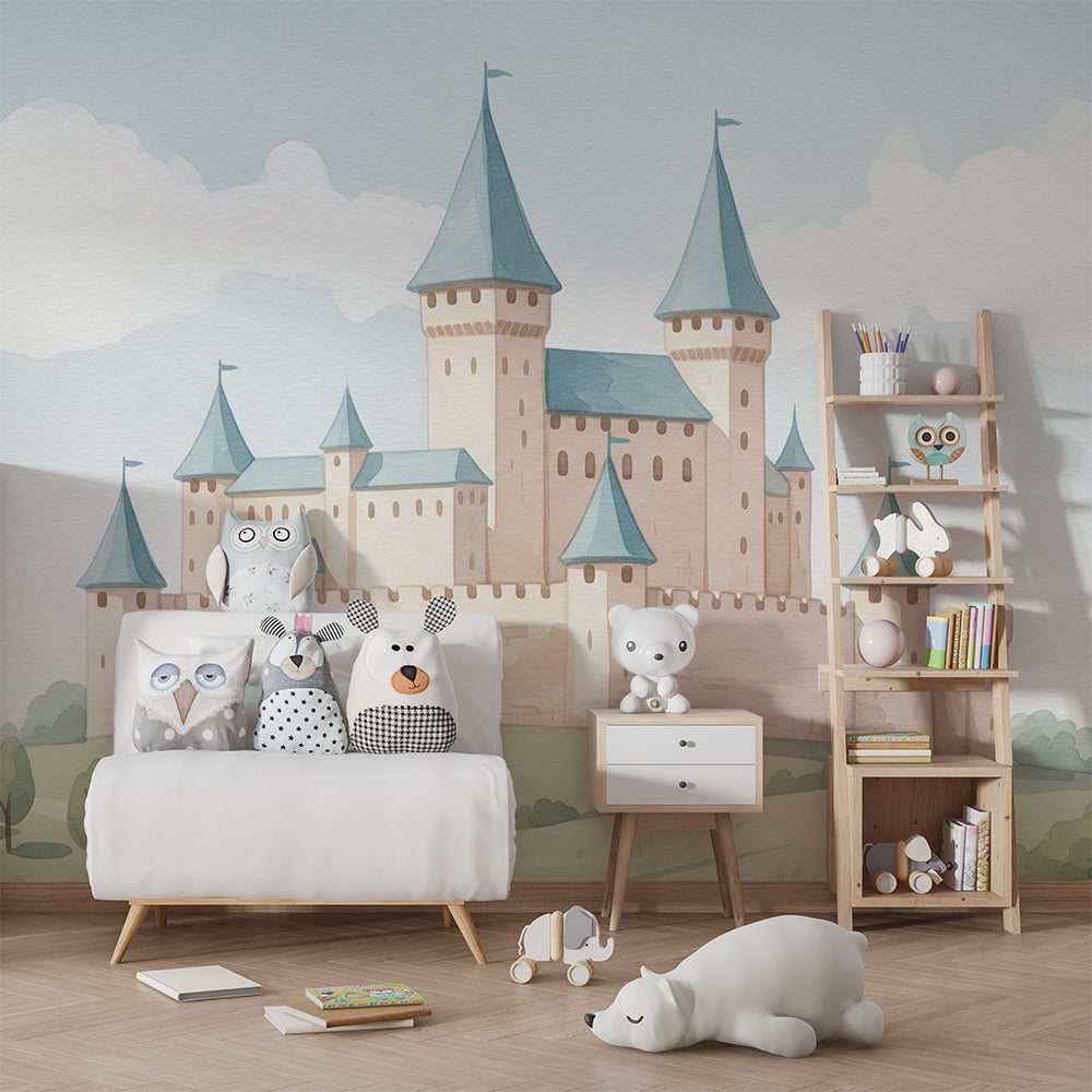 Kids-Mundo fairytale castle wall mural bringing a magical theme to a playroom wall.