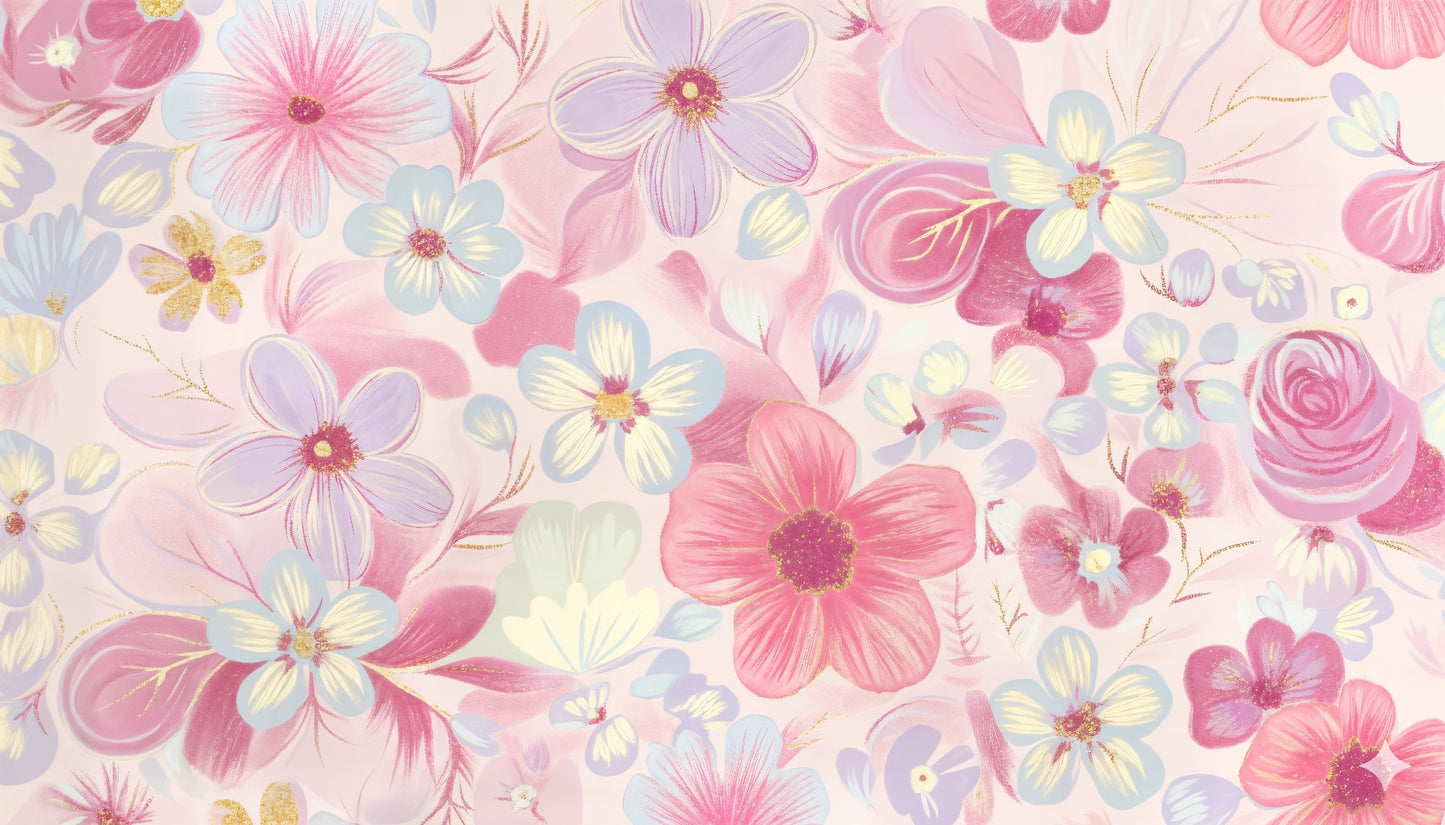 Flat artwork of the Kids-Mundo pastel floral pattern with golden accents mural design