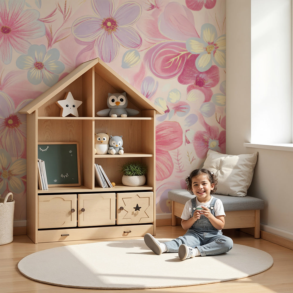 Kids-Mundo pastel floral gold accent wall mural on a nursery feature wall