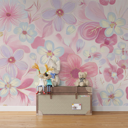 Gold accent floral wall mural from Kids-Mundo covering a playroom wall softly lit