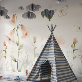 Soft pastel floral mural wallpaper enhancing peaceful baby bedroom decor