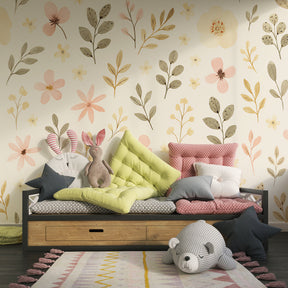 Watercolor flower wallpaper transforming modern kids bedroom with soft pink and green tones