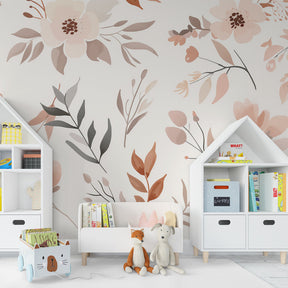 Elegant baby room decor with pastel floral mural wallpaper creating peaceful atmosphere