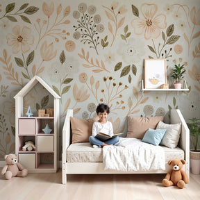 Pastel floral mural wallpaper creating serene nursery atmosphere with natural wood furniture by Kids-Mundo