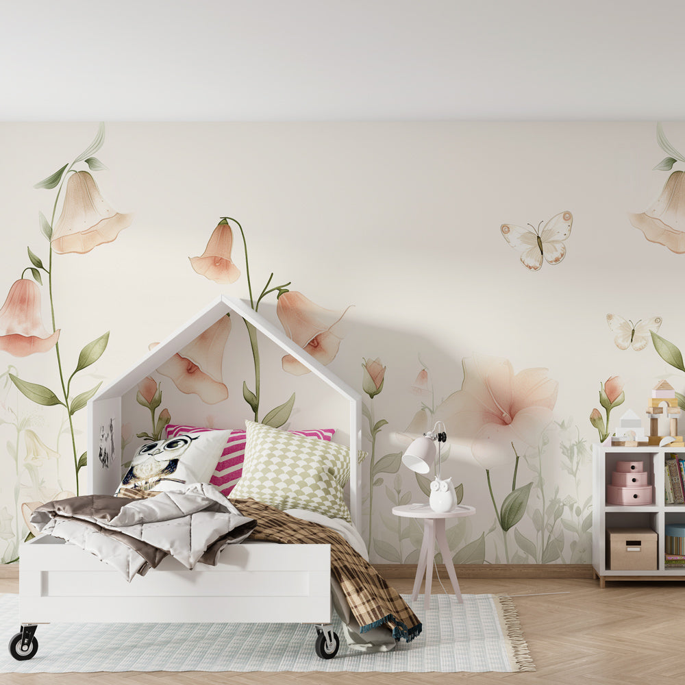 Butterfly and flower wallpaper creating serene atmosphere in toddler bedroom