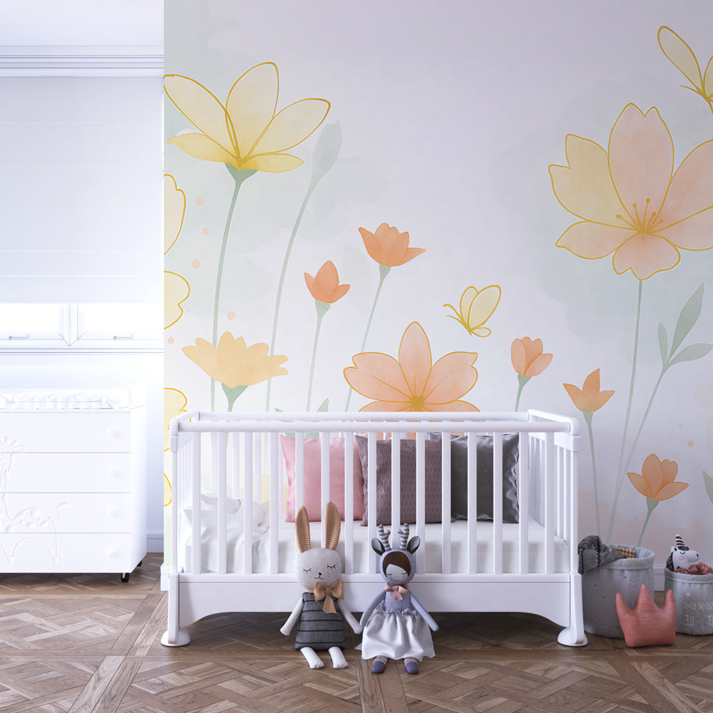 Delicate floral mural wallpaper creating serene children's bedroom decor with butterflies