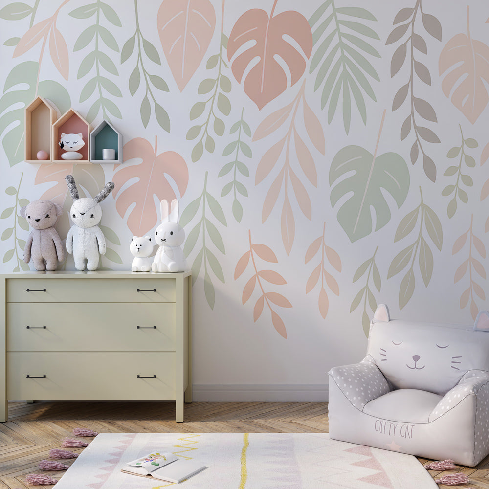 Soft green and pink leaf wallpaper decorating modern children's bedroom by Kids-Mundo
