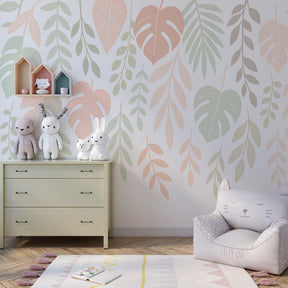 Soft green and pink leaf wallpaper decorating modern children's bedroom by Kids-Mundo