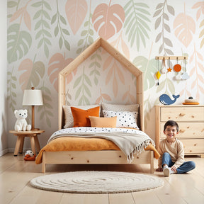 Pastel foliage mural wallpaper creating serene botanical nursery atmosphere by Kids-Mundo
