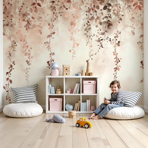 Pastel foliage mural wallpaper creating serene nursery atmosphere with soft multicolor leaves by Kids-Mundo