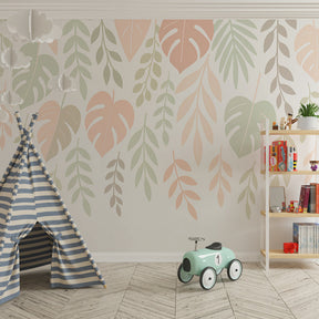 Nature-themed mural wallpaper with delicate leaves in peaceful kids playroom setting