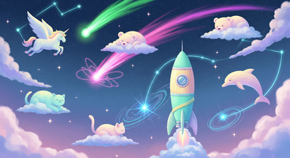 Kids-Mundo flat artwork preview of the pastel space unicorn and rocket wall mural design
