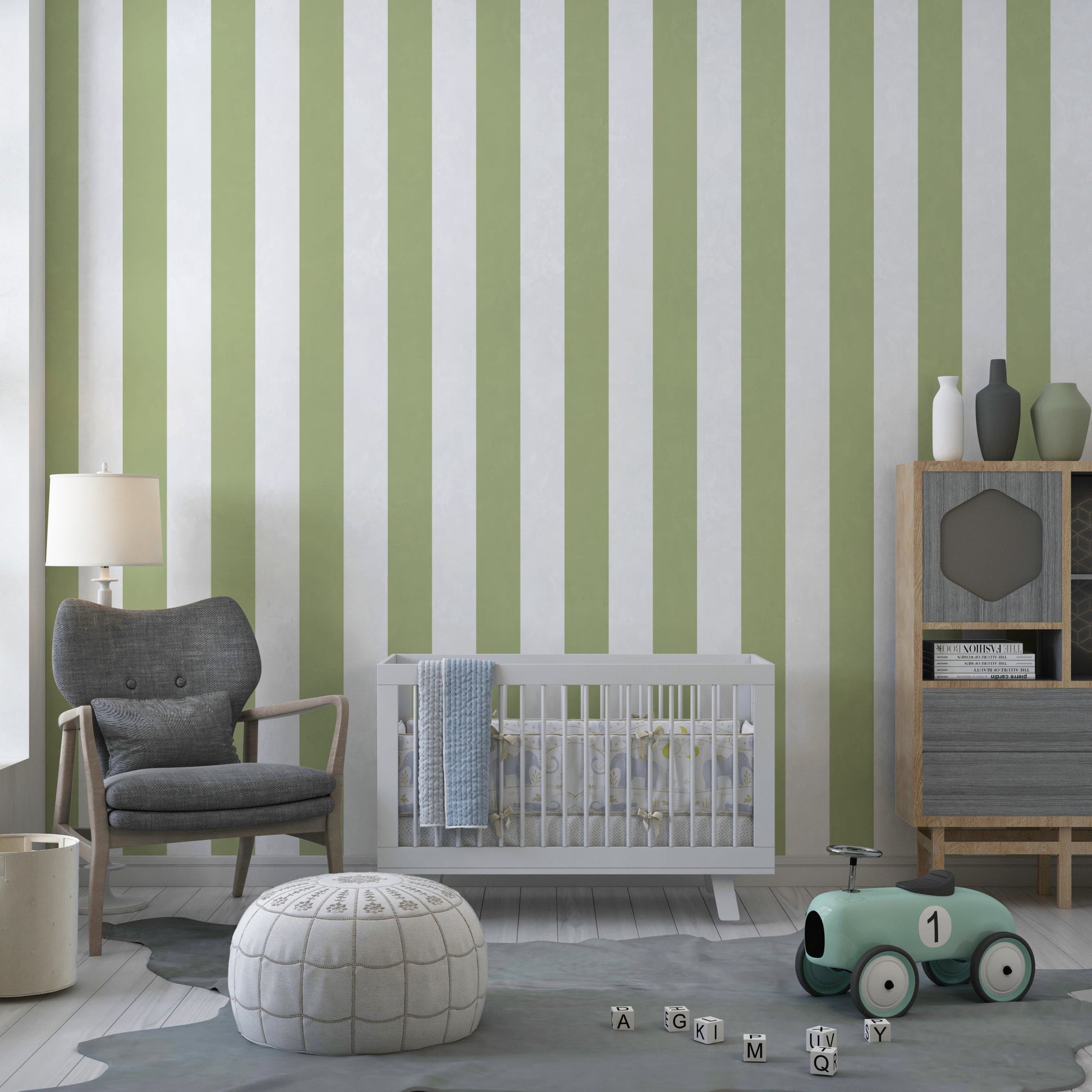 Kids-Mundo pastel green stripe wallpaper mural covering a feature wall in a tidy children's bedroom.