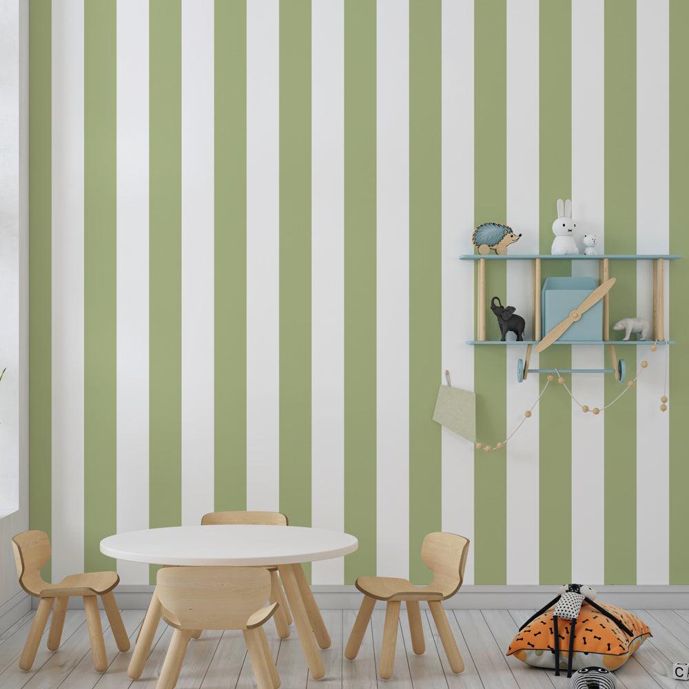 Kids-Mundo pastel green stripe wall mural brightening a playroom wall behind low toy shelves and cushions.