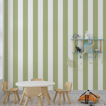 Kids-Mundo pastel green stripe wall mural brightening a playroom wall behind low toy shelves and cushions.