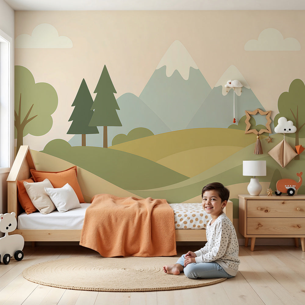 Kids-Mundo pastel mountain wall mural with pine trees in a calm gender-neutral nursery