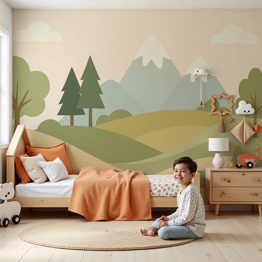 Kids-Mundo pastel mountain wall mural with pine trees in a calm gender-neutral nursery