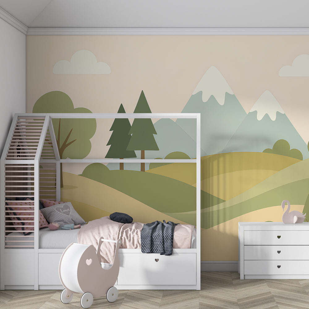 Kids-Mundo mountain landscape wall mural styled behind a reading corner in a playroom