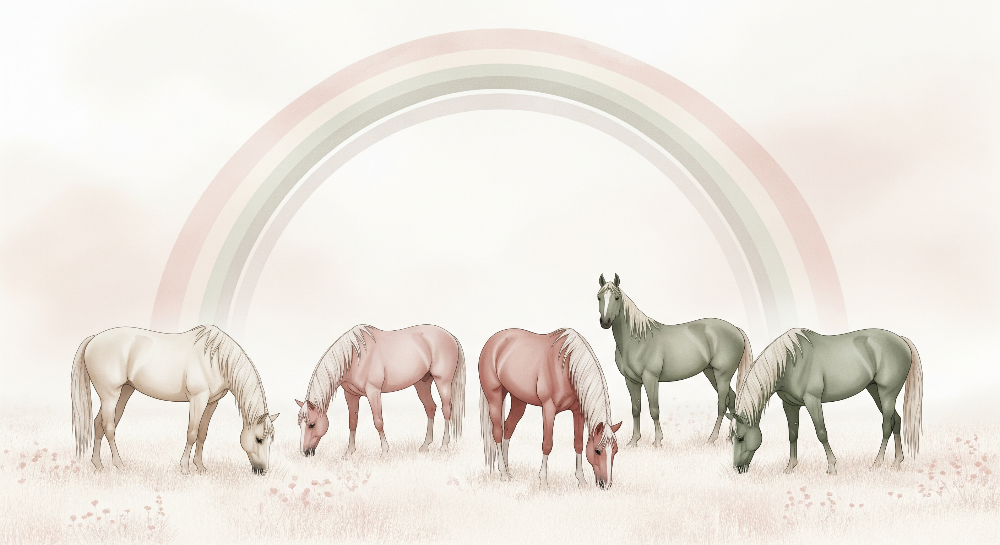 Kids-Mundo flat artwork of five pastel horses grazing beneath a soft watercolour rainbow.