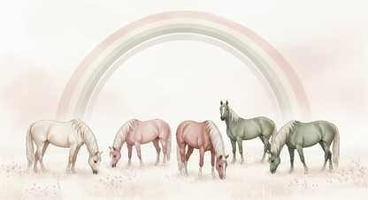 Kids-Mundo flat artwork of five pastel horses grazing beneath a soft watercolour rainbow.
