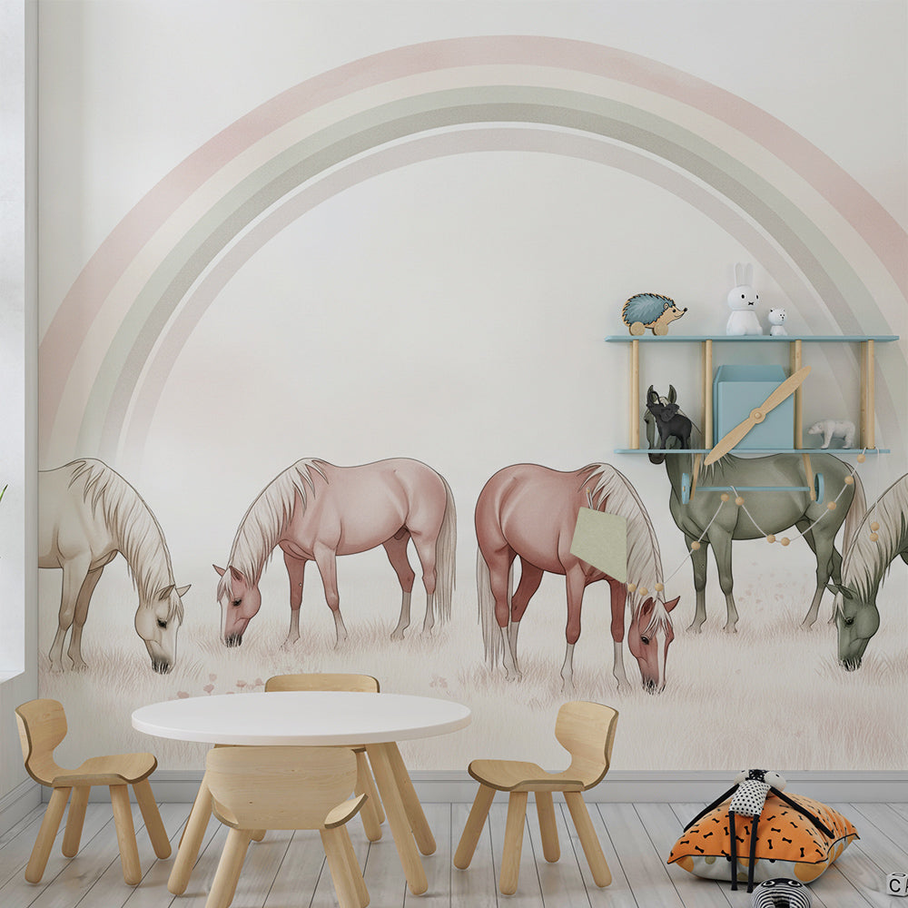 Kids-Mundo pastel horse wall mural adding gentle colour and charm to a children's playroom.