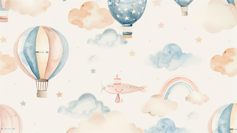 Pastel Hot Air Balloons and Clouds Wall Mural