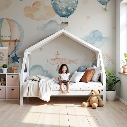 Kids-Mundo pastel hot air balloon wallpaper mural styled in a soft nursery room