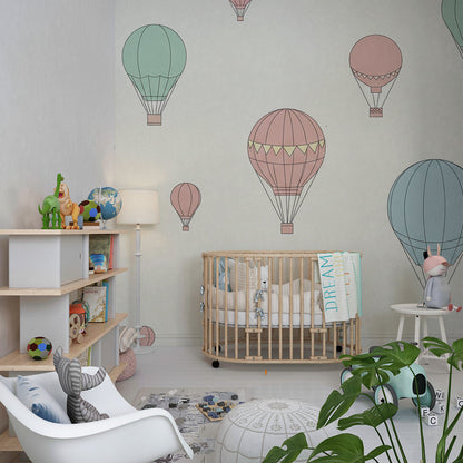 Kids-Mundo hot air balloon wallpaper mural covering a wall in a bright children's playroom