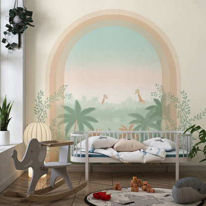 Kids-Mundo pastel jungle wall mural featuring a sunset archway in a dreamy kids bedroom wall