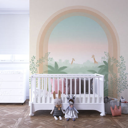Kids-Mundo pastel jungle wall mural bringing a soft pink and green scene into a playroom
