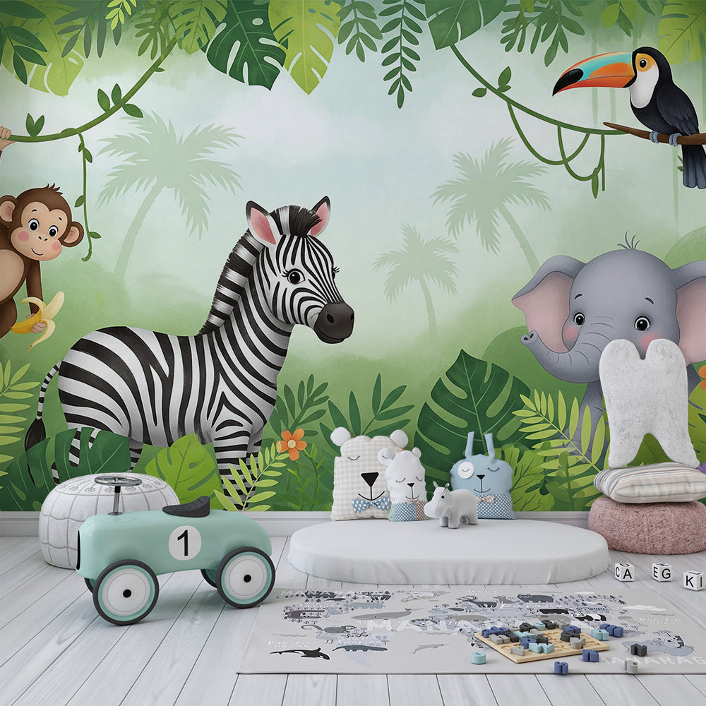 Kids-Mundo jungle safari wall mural with zebra and elephant styled in a kids bedroom