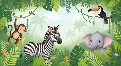 Kids-Mundo flat illustration of a monkey, zebra, elephant and toucan in a pastel jungle scene