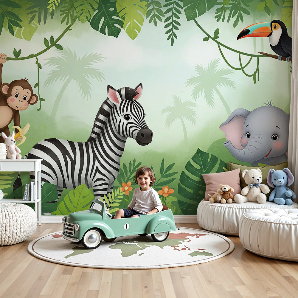 Kids-Mundo pastel jungle safari wall mural with monkey and zebra shown in a nursery room