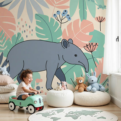 Kids-Mundo pastel jungle wall mural with a tapir and monkey in a calm, soft nursery.