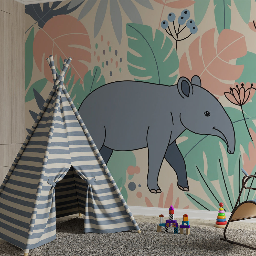 Kids-Mundo pastel jungle wall mural bringing gentle colour to a calm children's playroom.