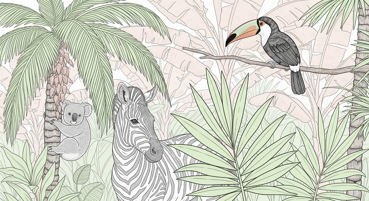 Koala, Zebra and Toucan Jungle Wall Mural