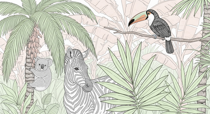 Kids-Mundo flat artwork preview of the pastel koala, zebra and toucan wall mural design