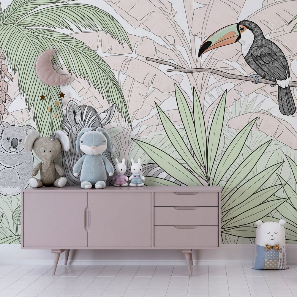Kids-Mundo pastel jungle mural with koala and toucan in a bright children's playroom