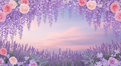 Flat artwork preview of the Kids-Mundo lavender and rose wreath wall mural framing a soft pastel sky