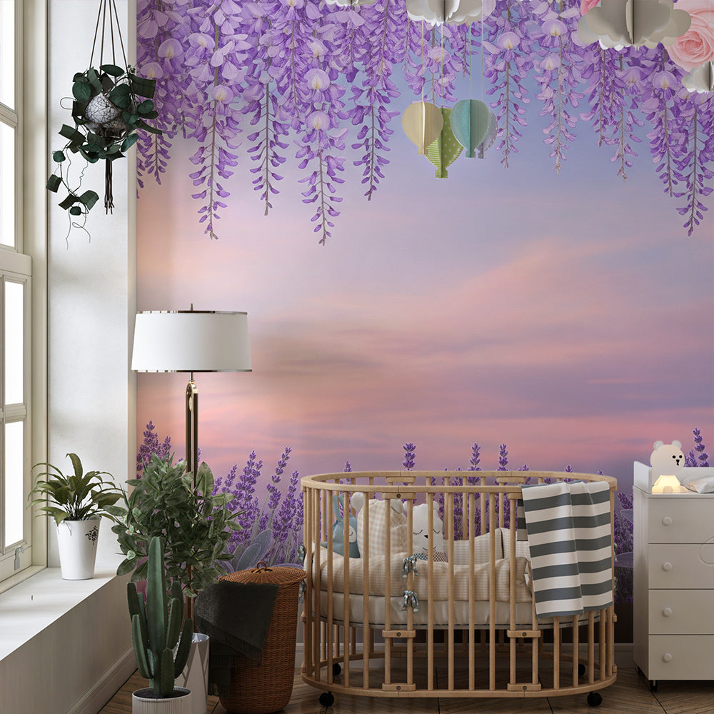 Kids-Mundo lavender rose mural fitted in a playroom with pastel pink and lilac watercolour tones