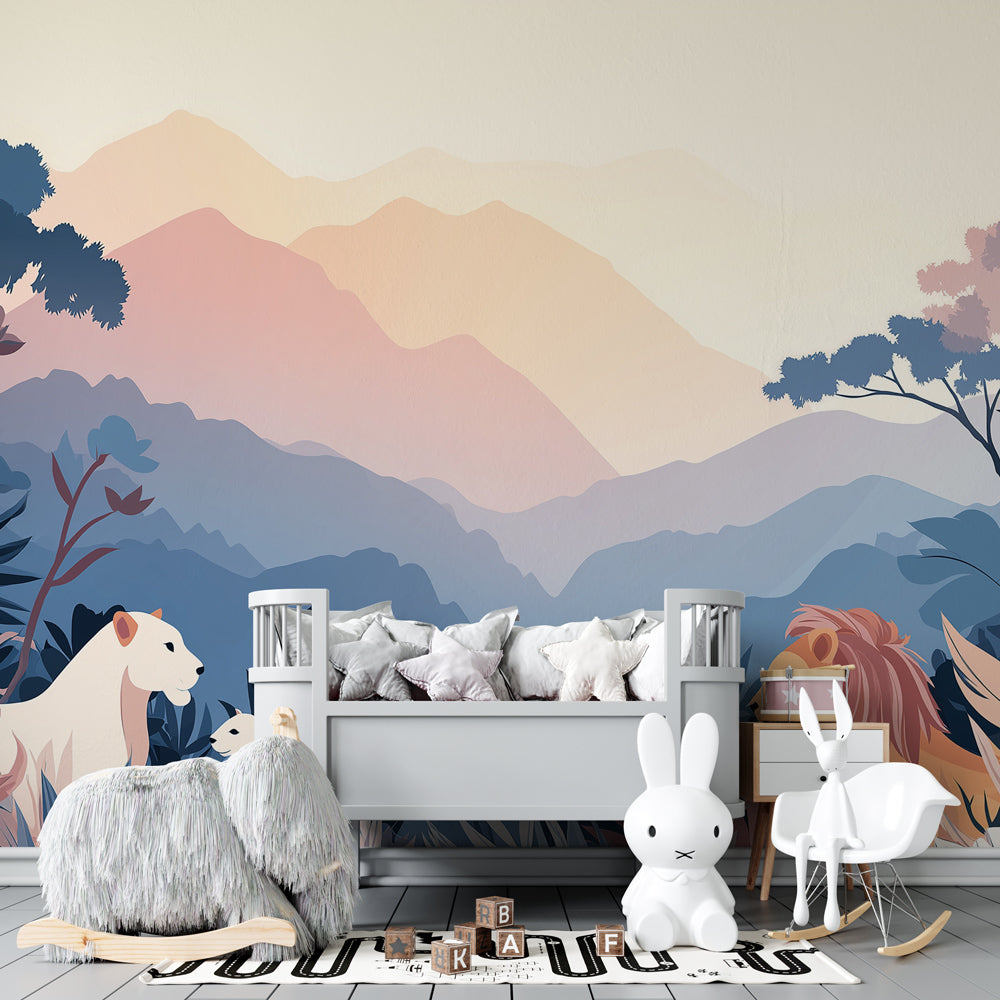 Kids-Mundo lion family wall mural above a bed in a calm pastel children's bedroom