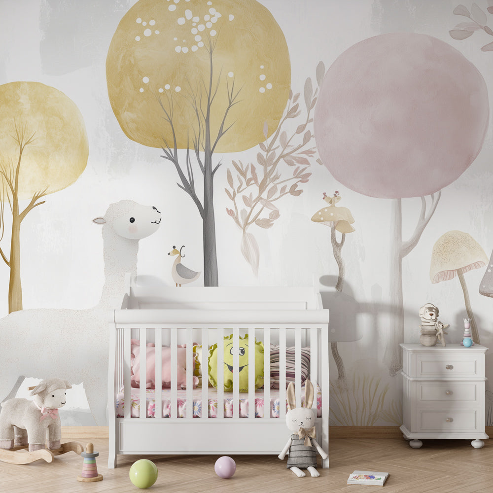 Pastel forest wall mural with llama by Kids-Mundo covering a wall in a child's bedroom.