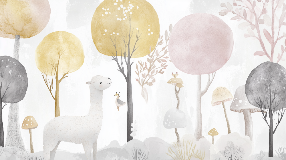 Pastel Forest with Llama and Mushrooms Wall Mural