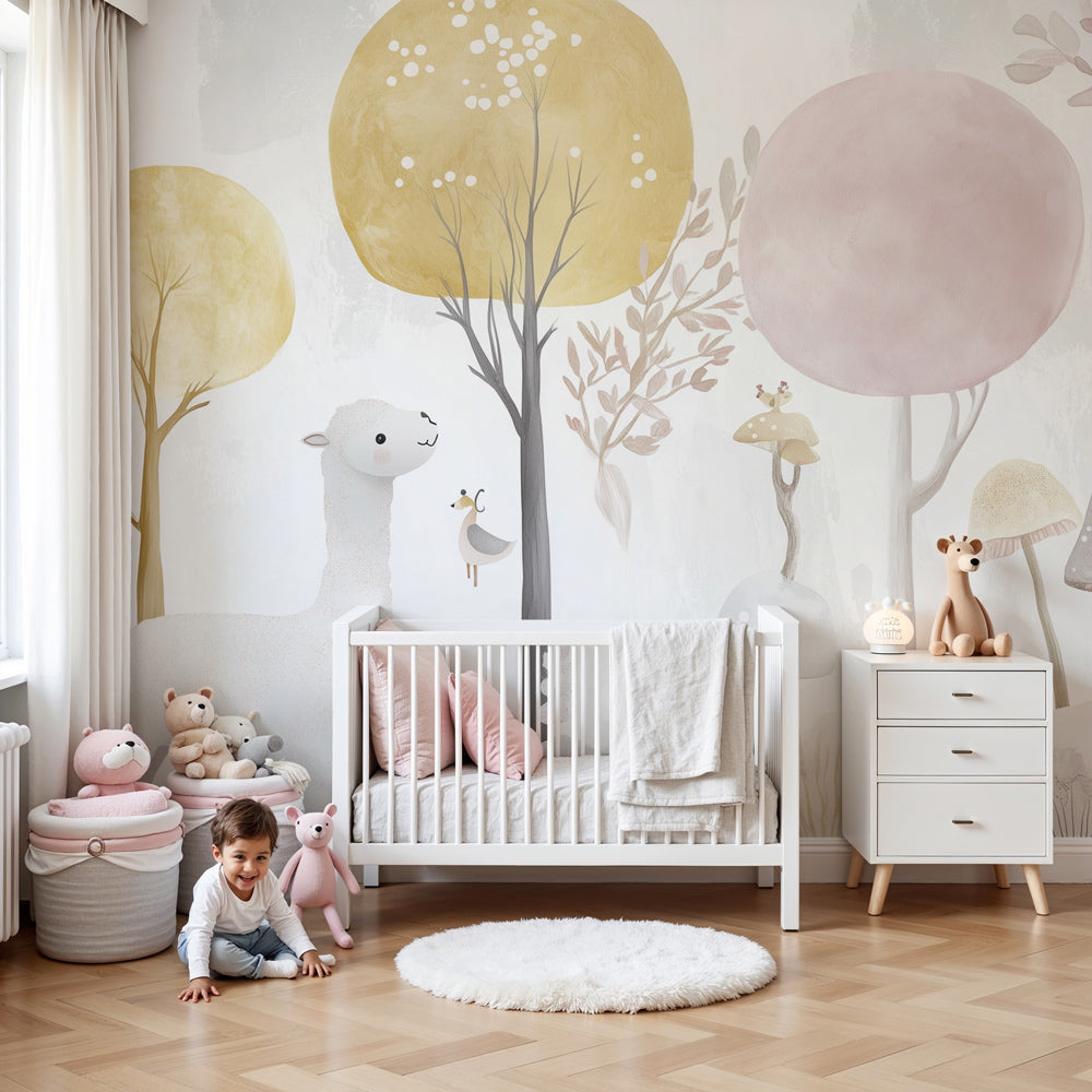 Kids-Mundo pastel llama forest wall mural styled softly in a dreamy baby nursery room.