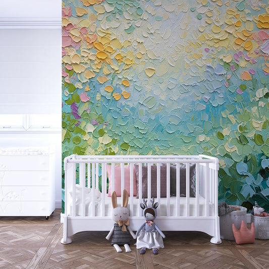 Kids-Mundo pastel meadow floral wall mural on a feature wall in a child's kids bedroom