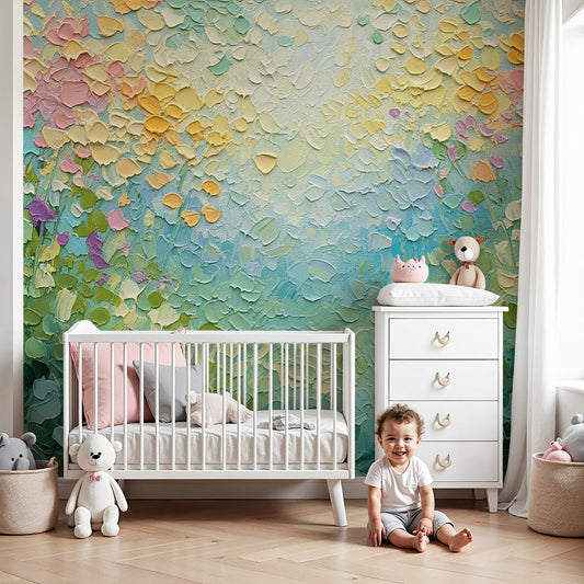 Kids-Mundo pastel meadow floral wall mural styled behind a cot in a soft pastel nursery