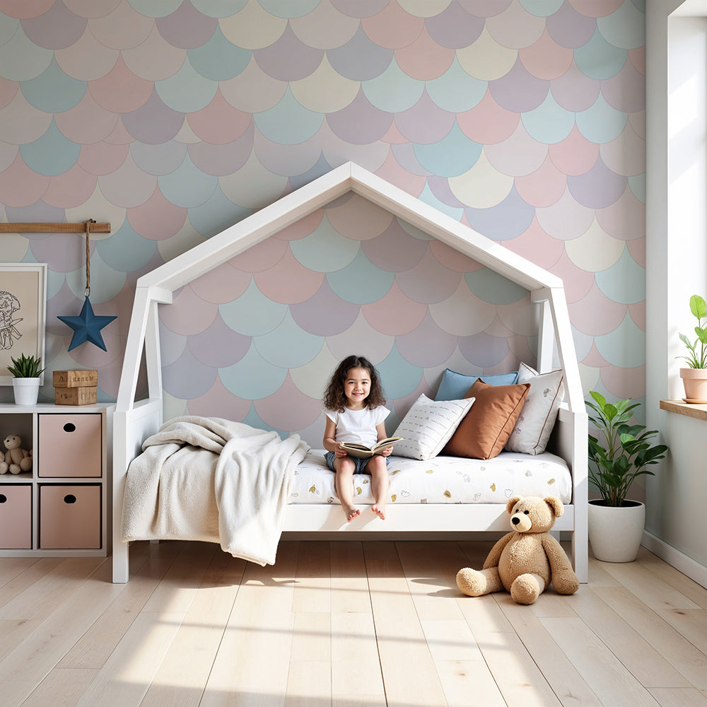Kids-Mundo pastel mermaid scale wall mural styled in a soft, calm nursery with a cot and rug