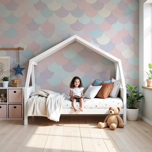 Kids-Mundo pastel mermaid scale wall mural styled in a soft, calm nursery with a cot and rug