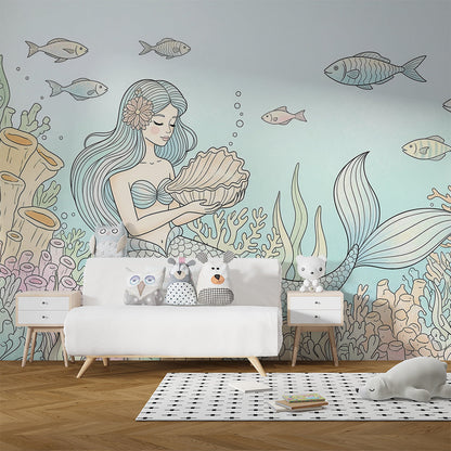 Kids-Mundo mermaid wall mural covering a kids bedroom wall beside a bed and bookshelf
