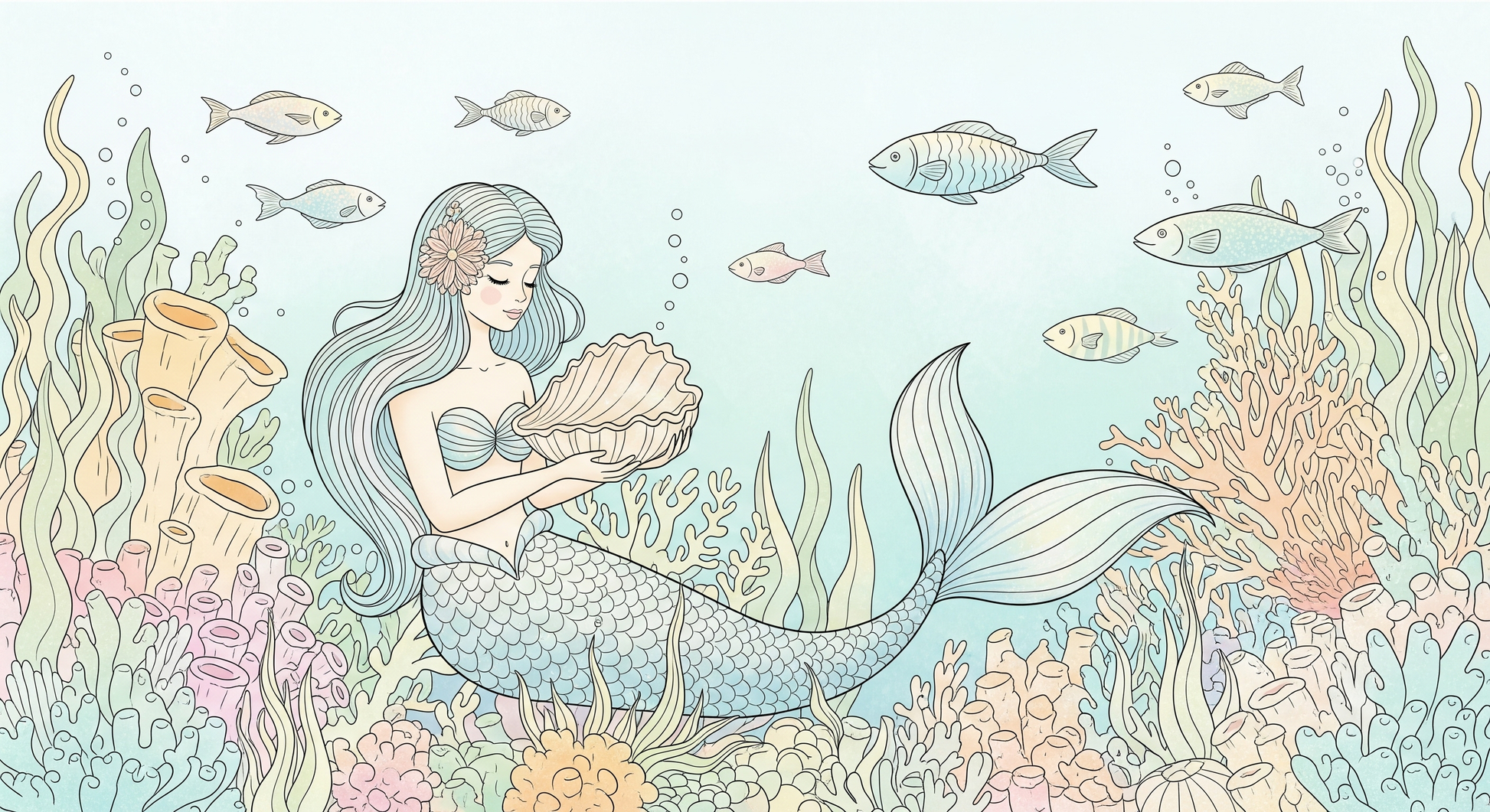 Kids-Mundo flat artwork of a pastel line-art mermaid holding a shell among fish and coral
